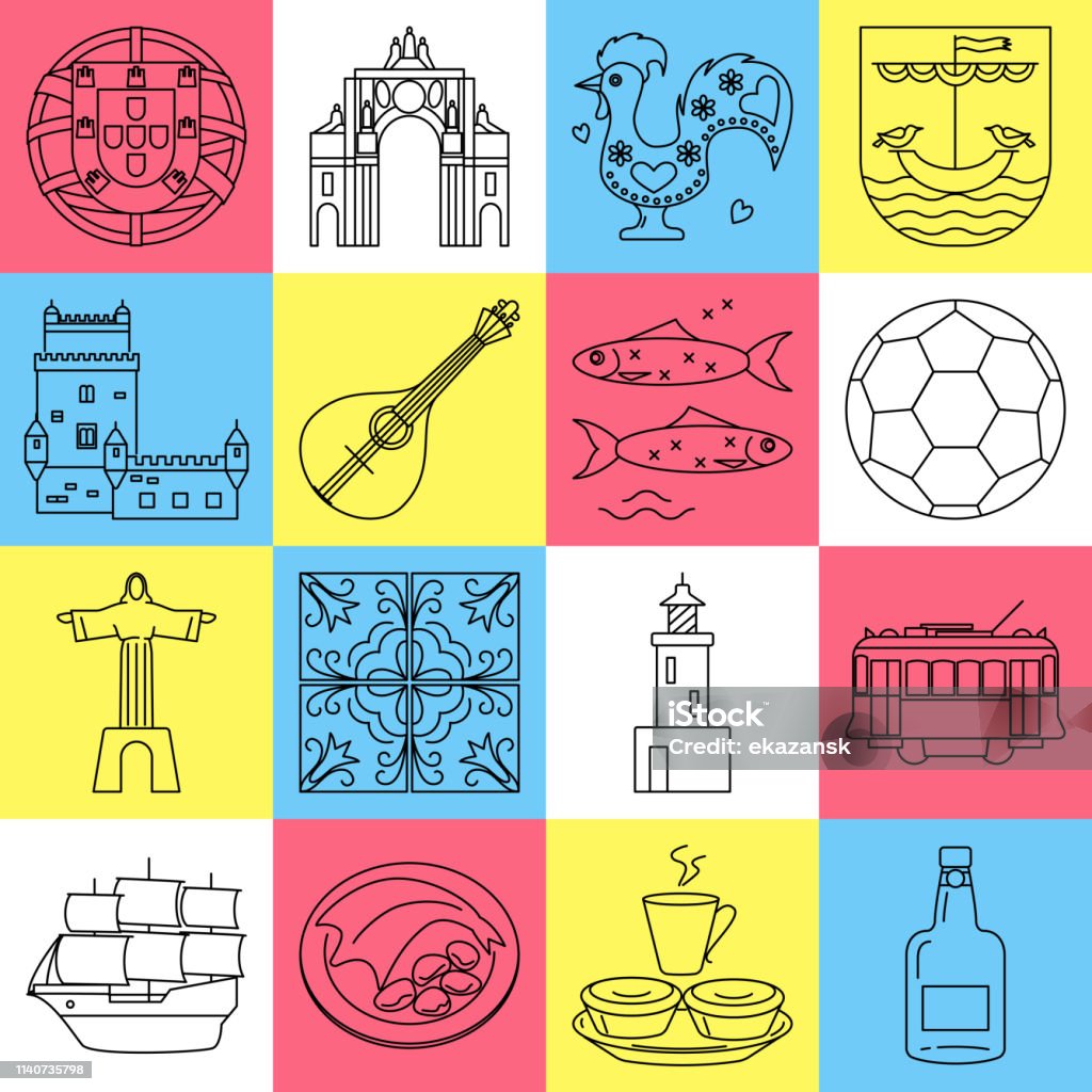 Portugal icons set in thin line style - Royalty-free Pastel de Nata arte vetorial