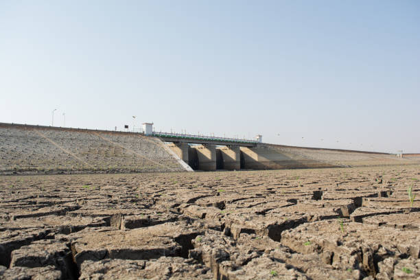 un réservoir vide ou un barrage séché au cours d’une canicule estivale, de faibles précipitations et de la sécheresse dans le nord de karnataka, inde - water crisis photos et images de collection