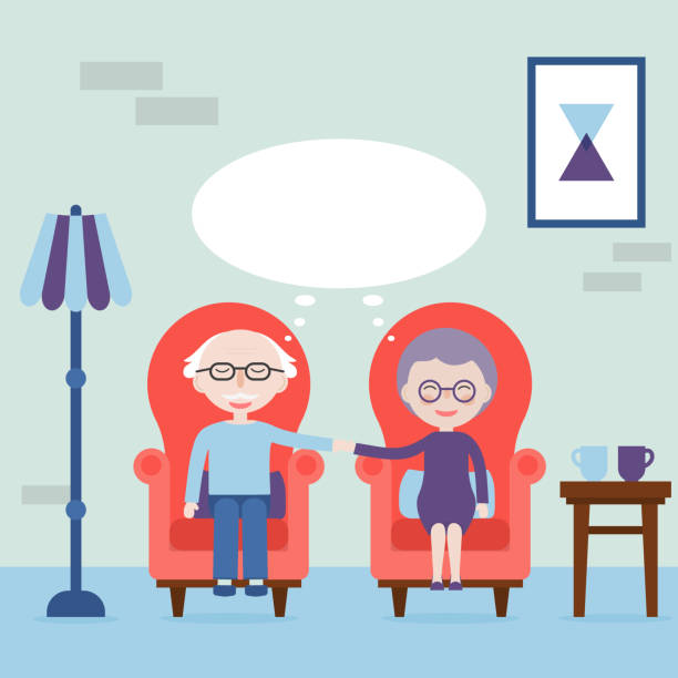 ilustraciones, imágenes clip art, dibujos animados e iconos de stock de el abuelo y la abuela se tienen en la mano y sentados en el sillón. siente amor siempre. sueños de ancianos. los ancianos felices y enamorados. ilustración vectorial. - family sofa vector illustration and painting