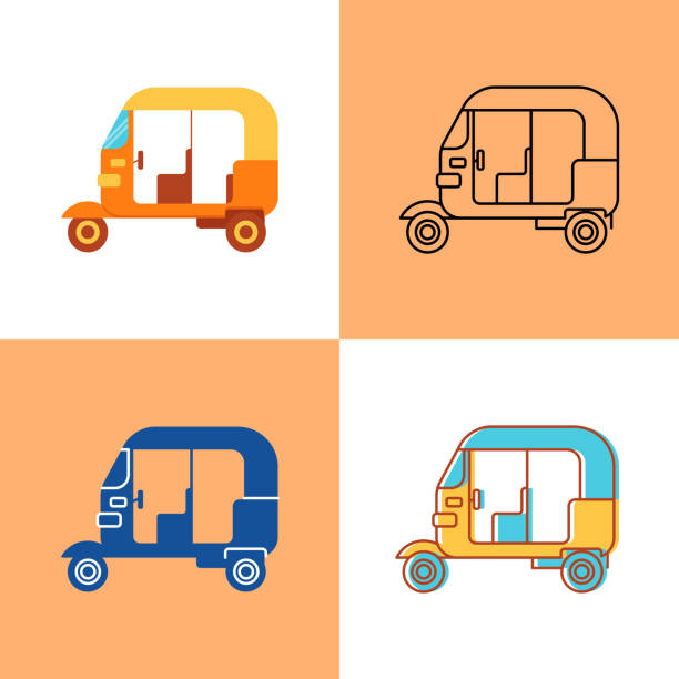 Indian auto rickshaw icon set in flat and line style Indian auto rickshaw icon set in flat and line style. Tuk tuk vehicle symbol. Vector illustration. auto rickshaw taxi india stock illustrations