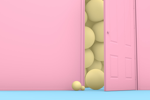 3d rendering of the open door and spheres. Decisions and choices concept. Pink, blue and yellow pastel colors. Minimal design.