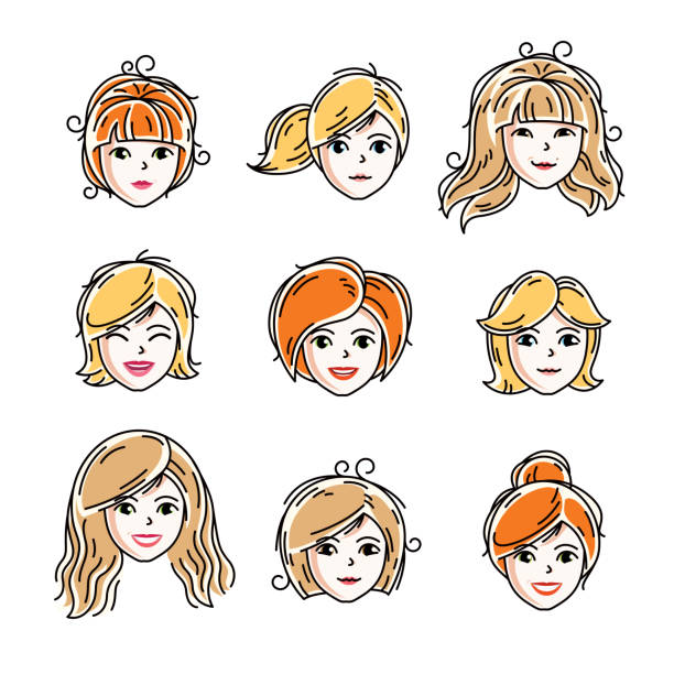 illustrazioni stock, clip art, cartoni animati e icone di tendenza di un insieme di facce femminili, teste umane. diversi personaggi vettoriali come rossa e femmine bionde, attraente viso da donna presenta la collezione. - serious women human face teenager