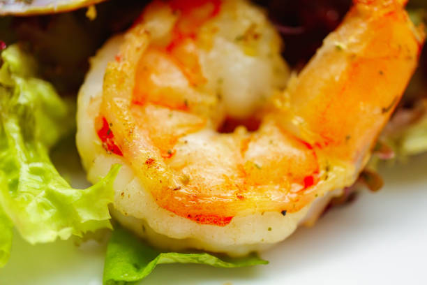 food photo art, fish restaurant menu, vegetarian, pescetarian. delicious fresh salad with seafood.