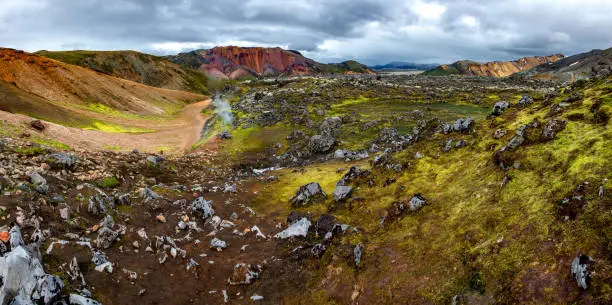 Photo of Beautiful colorful volcanic mountains Landmannalaugar as pure wilderness in Iceland, summer time, dramatic view