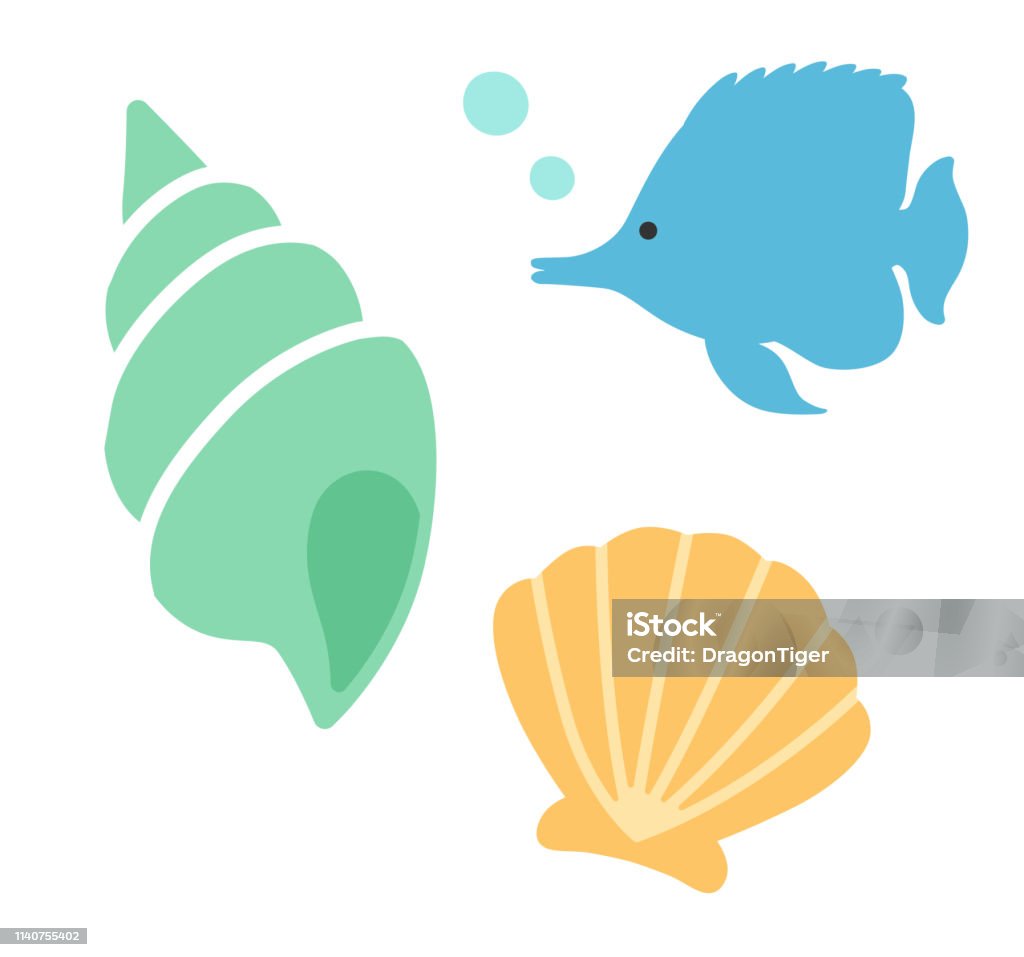 Deniz kabuğu ve tropikal balık simgesi - Royalty-free Seashell Vector Art