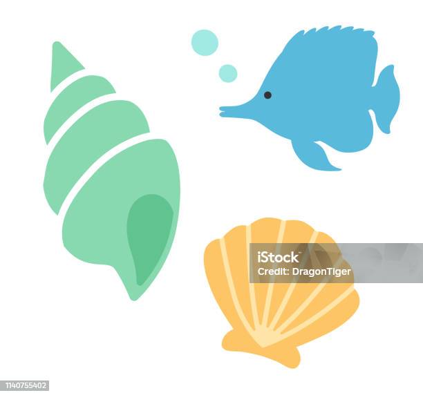 Deniz Kabuğu Ve Tropikal Balık Simgesi Stok Vektör Sanatı & Seashell‘nin Daha Fazla Görseli - Seashell, Sevimli, Simge