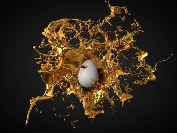 흰색 부활절 달걀 위에 황금 페인트 스플래시. 3d 일러스트레이션 - drop abstract blob water 뉴스 사진 이미지