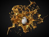golden paint splash over a white easter egg. 3d illustration