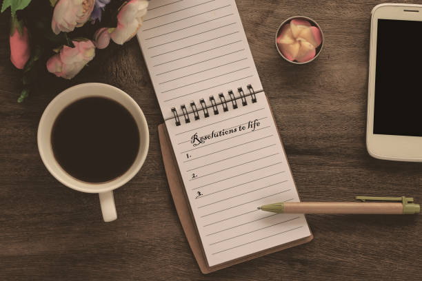 istock Resolutions to life text on book note with cup of coffee, pen and 1140755923