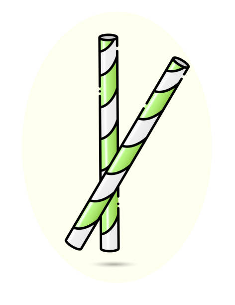 Two kawaii paper straws. Striped Green and white. Vector illustration vector art illustration