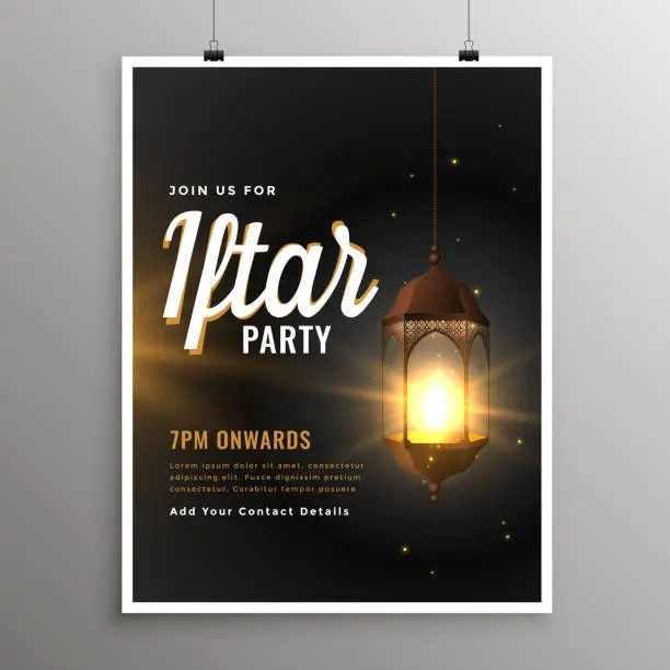 Vector illustration of realistic islamic lamp iftar invitation flyer
