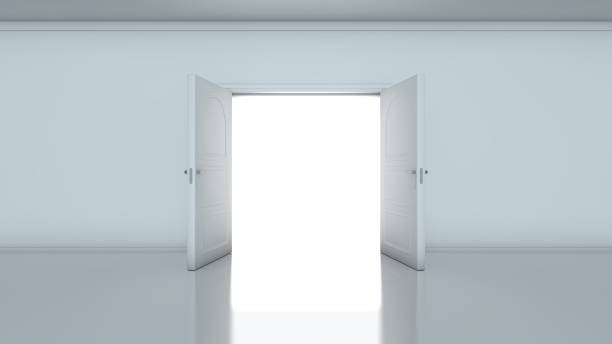 Doorway revealing bright light in dull grey room 3D render of light in empty room through the opened doors. Doorway revealing bright light in dull grey room. symmetry stock pictures, royalty-free photos & images