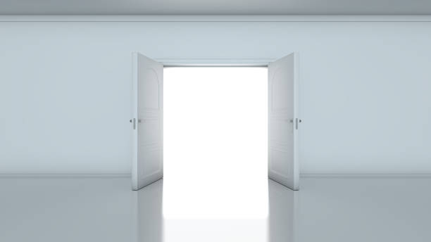 Doorway revealing bright light in dull grey room 3D render of light in empty room through the opened doors. Doorway revealing bright light in dull grey room. double be stock pictures, royalty-free photos & images