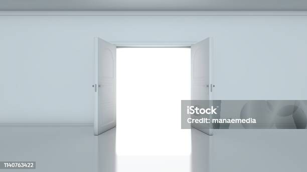 Doorway Revealing Bright Light In Dull Grey Room Stock Photo - Download Image Now - Door, Opening, Open