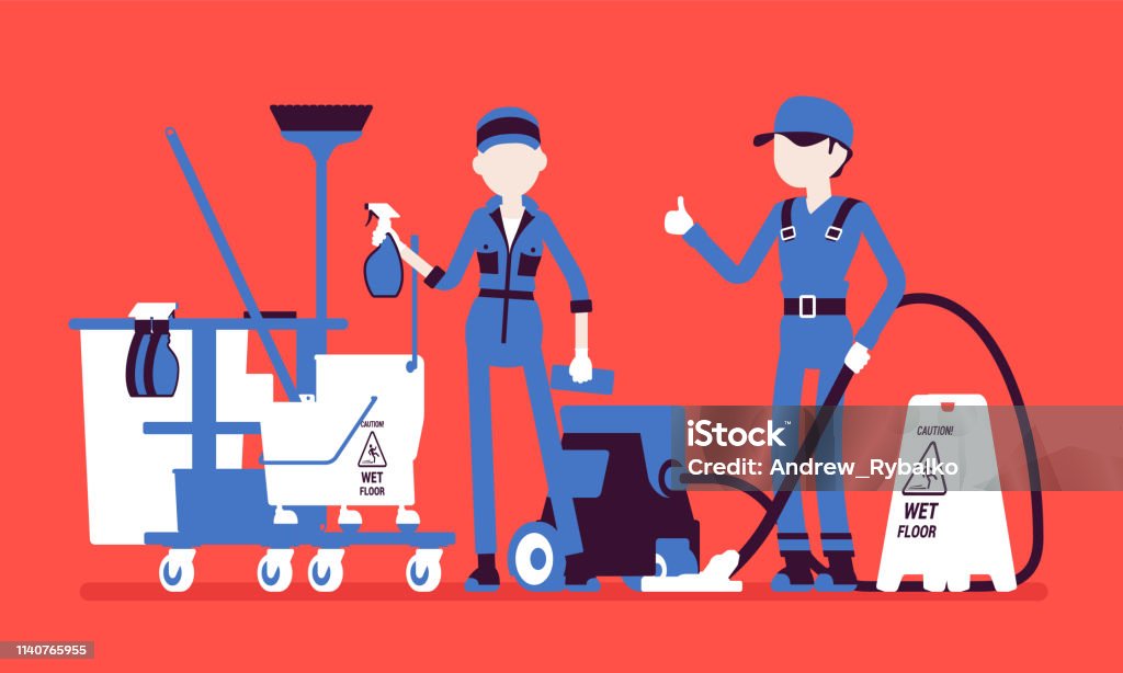 Face Less Janitor Janitors Team Working With Professional Tools Stock Illustration ...