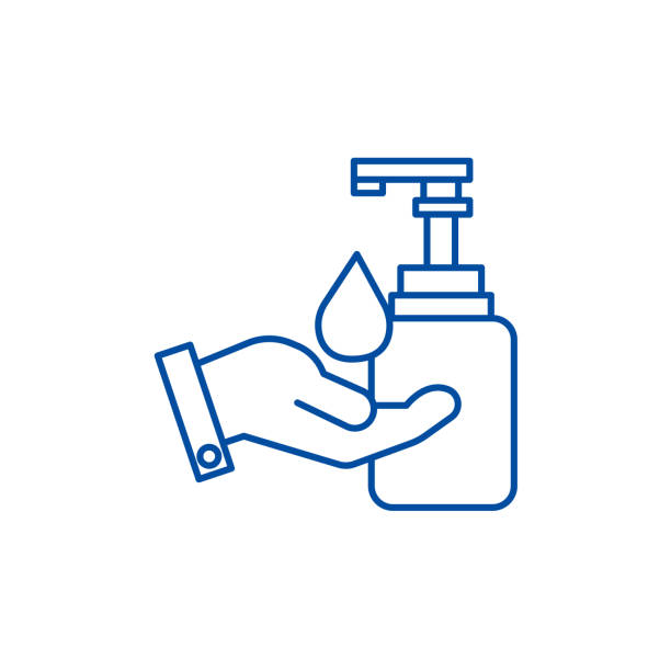 핸드 라인 아이콘 컨셉 액체 비누. 손 평면 벡터 기호, 기호, 개요 그림을 가진 액체 비누. - liquid soap moisturizer bottle hygiene stock illustrations