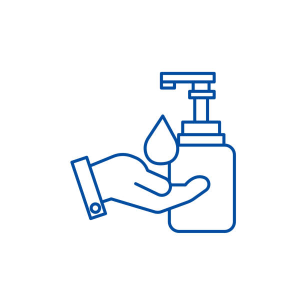 ilustrações de stock, clip art, desenhos animados e ícones de liquid soap with hand line icon concept. liquid soap with hand flat  vector symbol, sign, outline illustration. - liquid soap moisturizer bottle hygiene