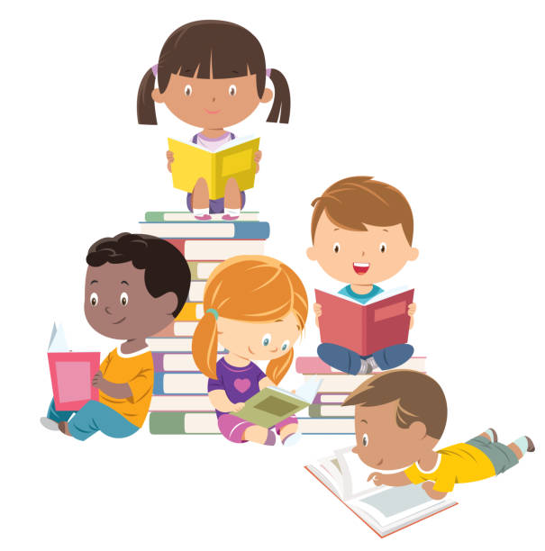 Kids reading, group of friends Vector kids reading, group of friends reading stock illustrations