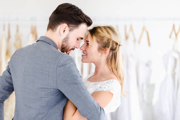 istock Beautiful portrait model wedding couple in studio shop 1140770804
