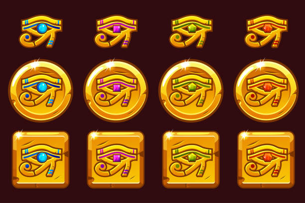 이집트의 호루스의 눈에 색깔의 귀중 한 보석. 다른 버전의 이집트 황금 아이콘입니다. - egyptian culture hieroglyphics human eye symbol stock illustrations
