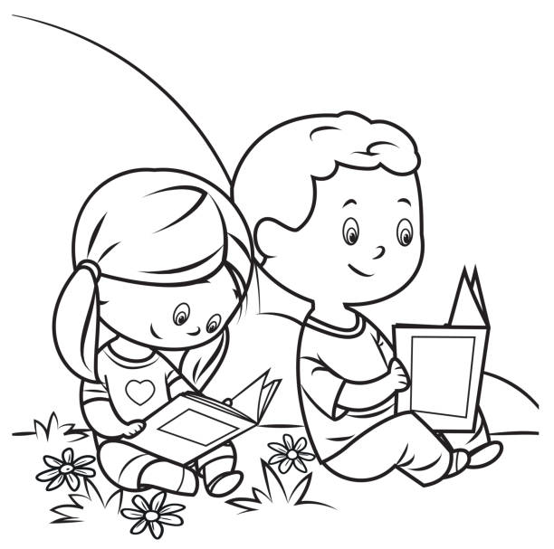 ilustrações, clipart, desenhos animados e ícones de livro de coloração, leitura dos miúdos - two boys illustrations