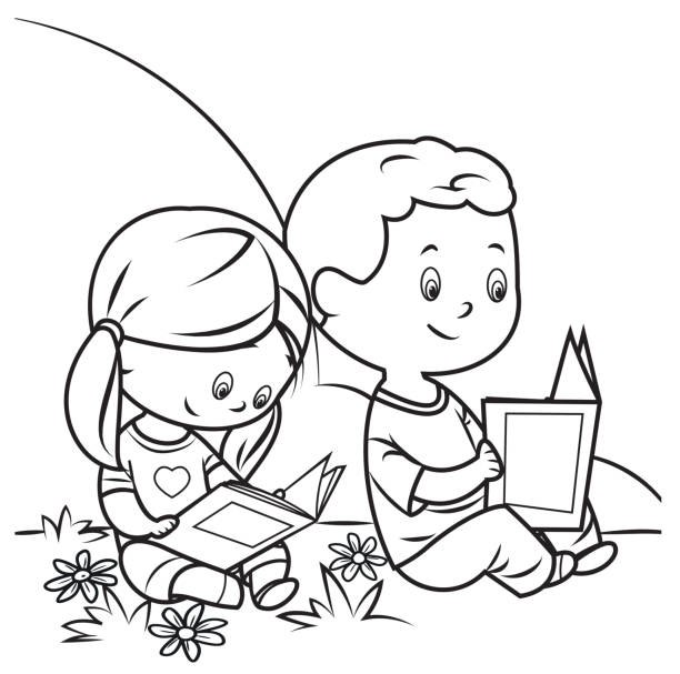 Coloring Book, Kids Reading Vector Coloring Book, Kids Reading coloring book cover stock illustrations
