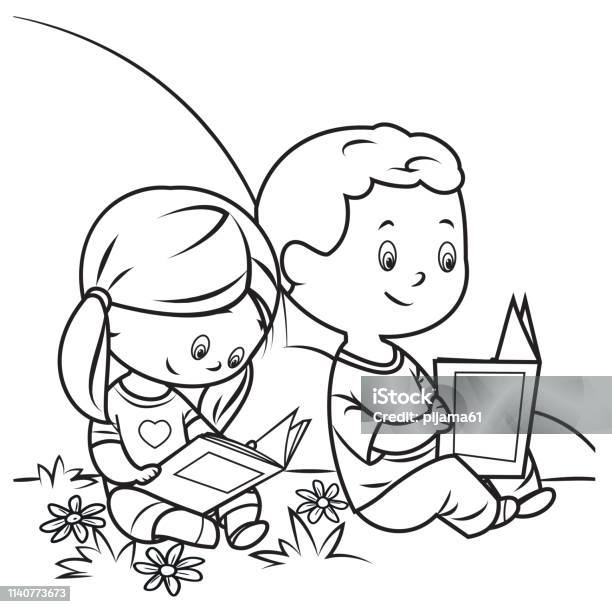 Coloring Book Kids Reading Stock Illustration - Download Image Now - Child, Coloring Book Page - Illlustration Technique, Illustration