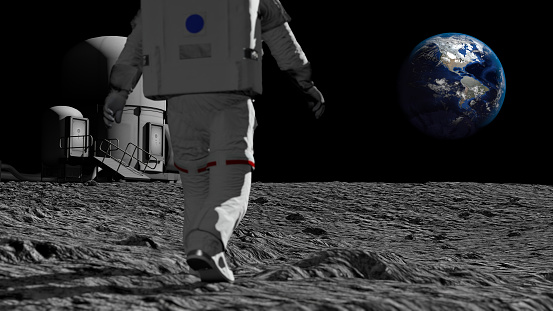 Astronaut walking on the moon and admiring the beautiful Earth. Elements of this image furnished by NASA. 3D rendering
