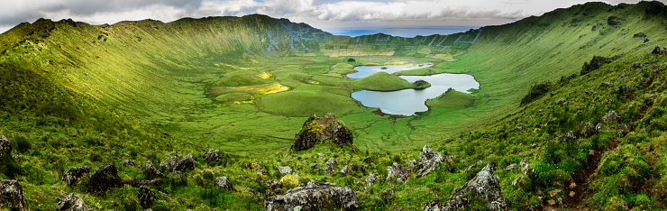 Beautiful panorama of the crater of Corvo island, the Azores, Portugal