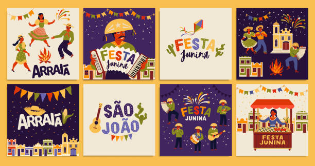페 스타 준 나. 라틴 아메리카 휴일, 브라질의 6 월 파티에 대 한 벡터 템플릿입니다. 카드, 포스터, 배너, 전단지, 초대장에 대 한 디자인입니다. - feast day illustrations stock illustrations