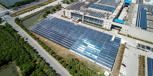 Asia, China, Jiangsu, May 23, 2018: Photographer Xie Yiliang aerial photography Jiangsu Zhongli Tenghui Photovoltaic Enterprise Headquarters
