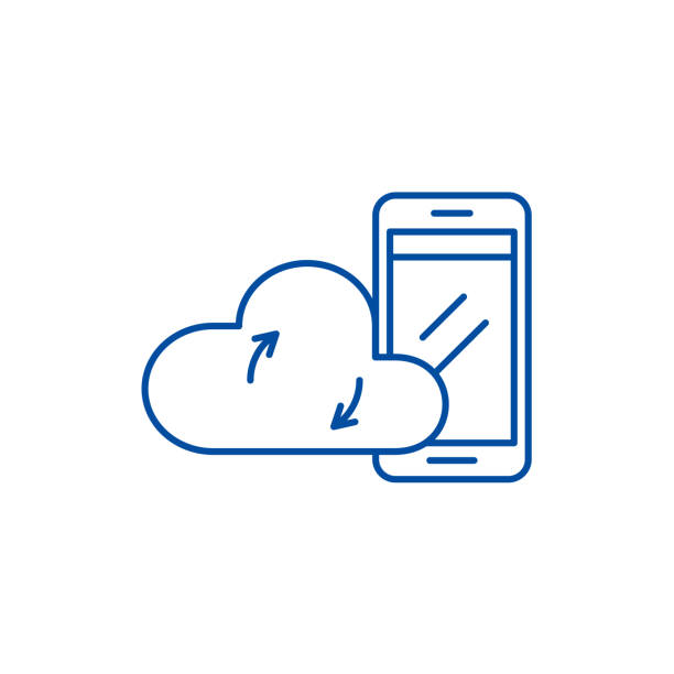 koncepcja ikony linii danych w chmurze mobilnej. mobile cloud data flat vector symbol, znak, ilustracja konspektu. - data mobility downloading digital tablet stock illustrations