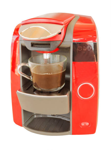 istock automatic red coffee maker with cup of coffee and milk 1140782715