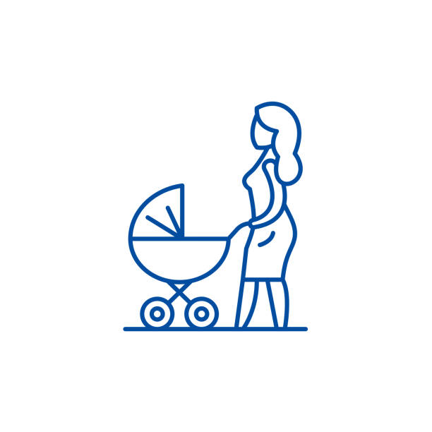 illustrations, cliparts, dessins animés et icônes de maman avec un concept d’icône de ligne de chariot de bébé. maman avec un bébé chariot plat vecteur symbole, signe, illustration de contour. - mother baby carriage women walking