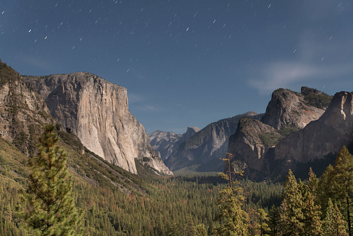 Long exposure of Yosemite Valley veiwed from Tunnel View at night. Star trails.