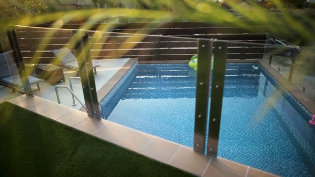 Empty swimming pool in backyard of luxury villa with palm in foreground