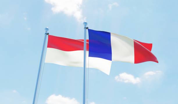 istock France and Indonesia, two flags waving against blue sky 1140784704