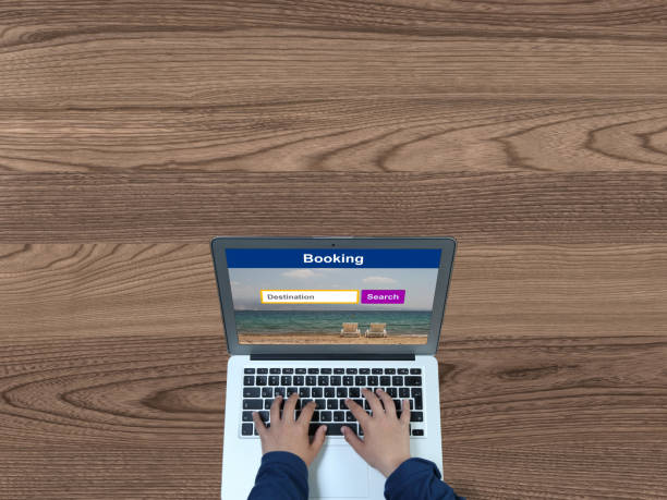 istock Hotel booking laptop computer online travel search reservation 1140785721