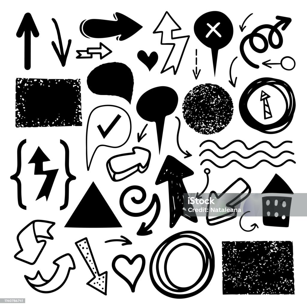 Hand drawn sketch marker signs, arrows, lines, shapes, handwritten Hand drawn sketch black marker signs, arrows, lines, shapes, handwritten, design elements set isolated on white background Arrow Symbol stock vector