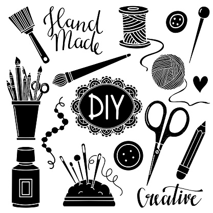 Arts and crafts sewing, painting hand drawn supplies, tools, design elements, icons, logo set isolated on white background
