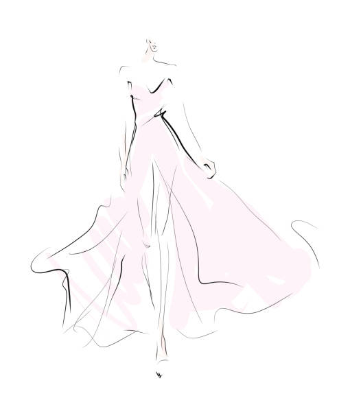 Woman, girl, model in dress. Fashion sketch, vector Hand drawn illustration pink gown stock illustrations