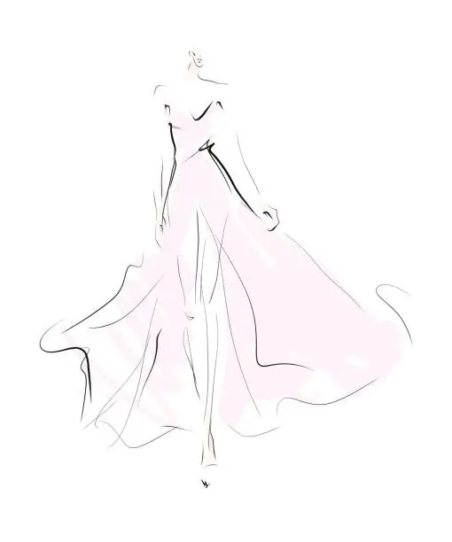 Vector illustration of Woman, girl, model in dress. Fashion sketch, vector