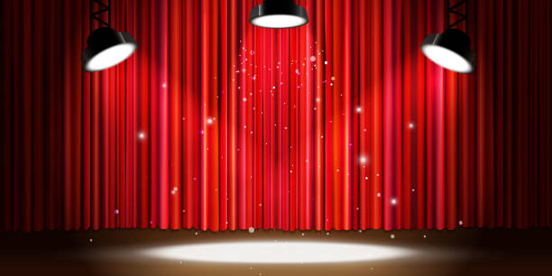 istock Bright red curtain with bright spotlight lighting, retro theater stage wide background 1140790044