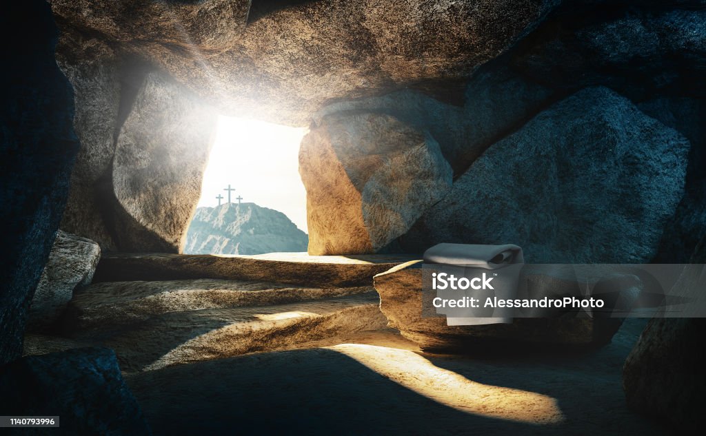 Tomb empty with shroud and crucifixion Tomb empty with shroud and crucifixion, 3d rendering Jesus Christ Stock Photo