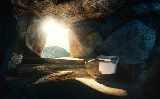Tomb empty with shroud and crucifixion Tomb empty with shroud and crucifixion, 3d rendering jesus christ stock pictures, royalty-free photos & images