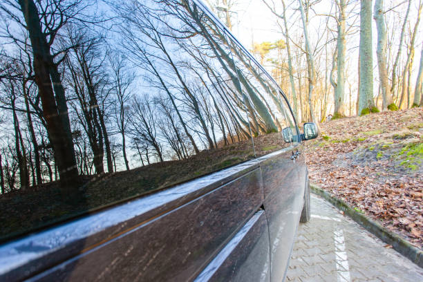 side of a black car with tinted glass - blue tint imagens e fotografias de stock