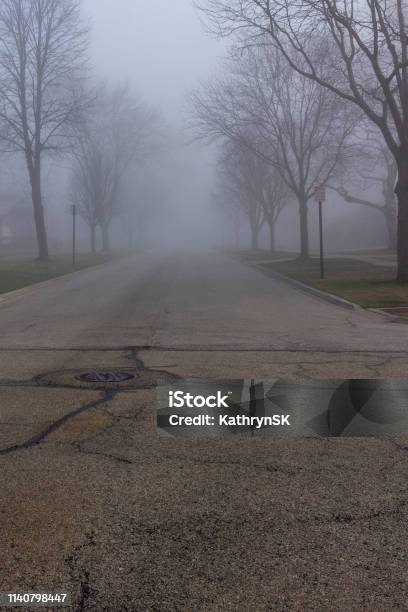 Foggy Suburban Road Stock Photo - Download Image Now - Beauty, Community, Environment