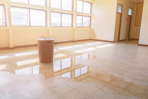 fuite d’eau de la chute de bureau intérieur bâtiment dans le seau rouge du plafond et écoulement sur sol en terrazzo - étage photos et images de collection