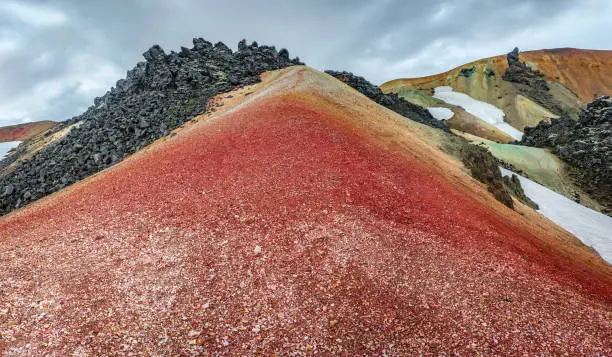 Photo of Panoramic view of colorful rhyolite volcanic mountains Landmannalaugar as pure wilderness in Iceland