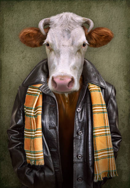 kuh in kleidung. mann mit einem kopf einer kuh. konzeptgrafik im vintage-stil mit sanftem ölmalerei - surreal fotos stock-fotos und bilder